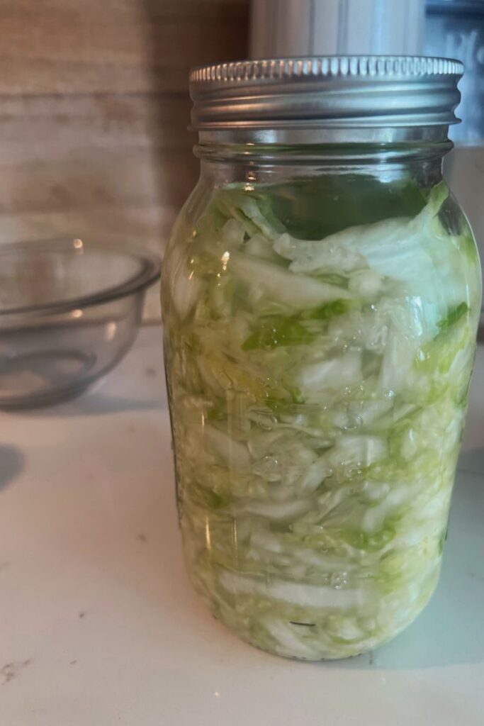 fermenting cabbage in a glass jar to become sauerkraut