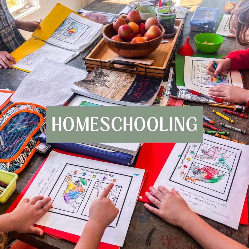 homeschooling banner over a table full of colorful homeschool kids books, maps, coloring, with fruit and herbs in the center of the table