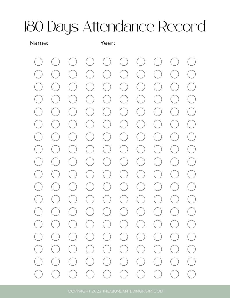 180 days attendance record with 180 circles for recording homeschool attendance; copyrighted by theabundantlivingfarm.com