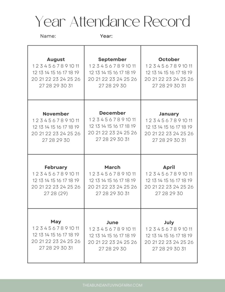 Year attendance record with 12 boxes showing the 12cmonths of the year and each number day in each month for homeschool attendance record keeping