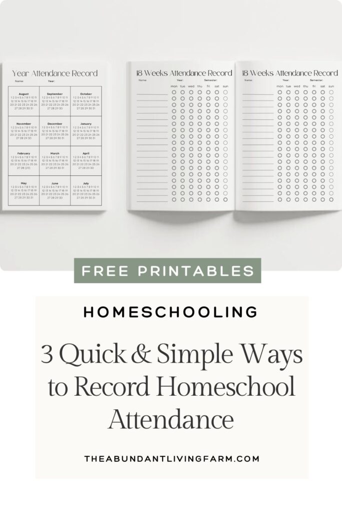 printable sheets that have a year attendance record with a monthly calendar and a workbook that has printable pages of 18 week attendance records on both sides that says "free printables" as well as a banner that says Homeschooling 3 Quick and Simple Ways to Record Homeschool Attendance theabundantlivingfarm.com
