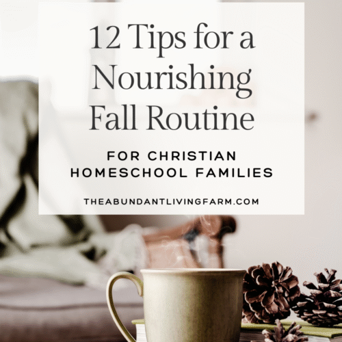 12 tips for a nourishing fall routine for Christian homeschool families banner on top of a photo of a cozy couch with an olive green blanket draped over it and in focus is an olive green coffee mug with steaming coffee on a wooden table next to fall decor like pine cones