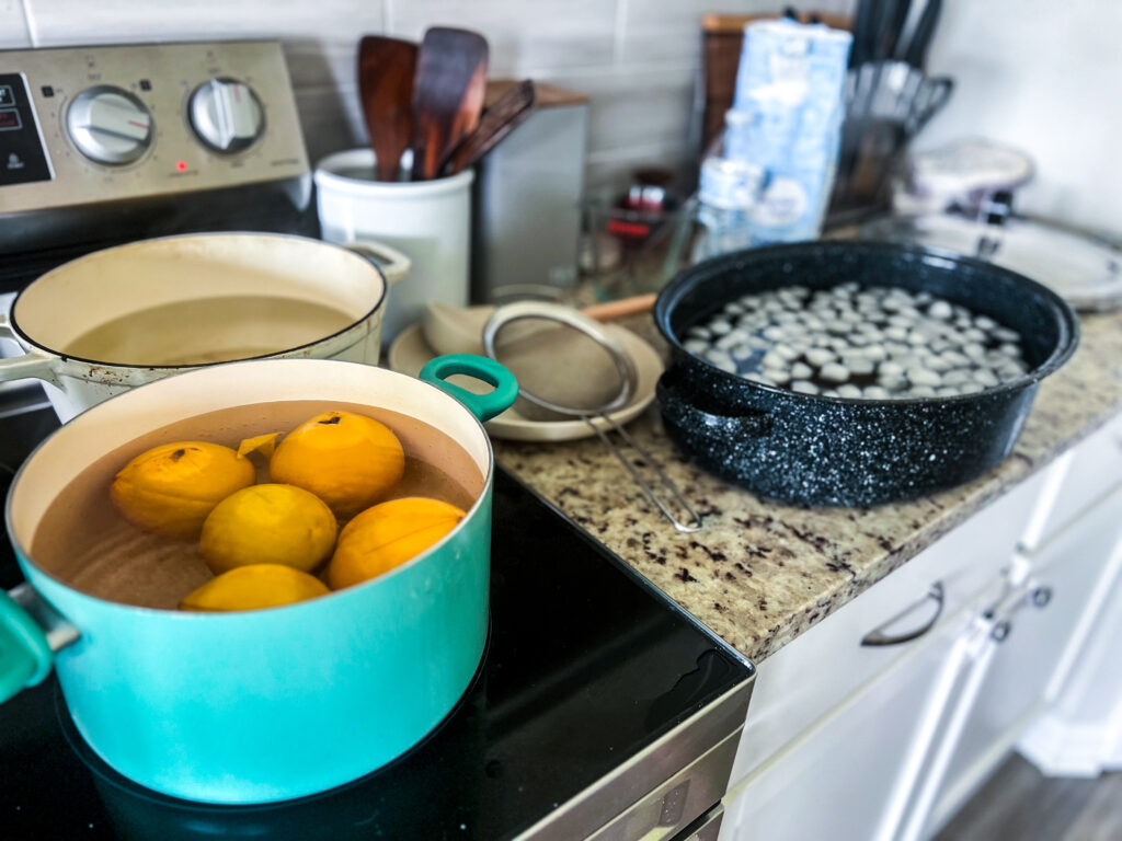 pot of peaches on the stove blanching next to a ice bath in a black roasting pan