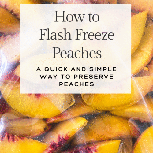 how to flash freeze peaches a quick and simple way to preserve peaches banner on top of a picture of frozen peaches in a freezer gallon bag
