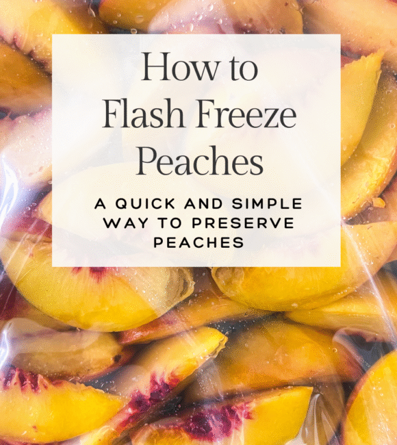 how to flash freeze peaches a quick and simple way to preserve peaches banner on top of a picture of frozen peaches in a freezer gallon bag