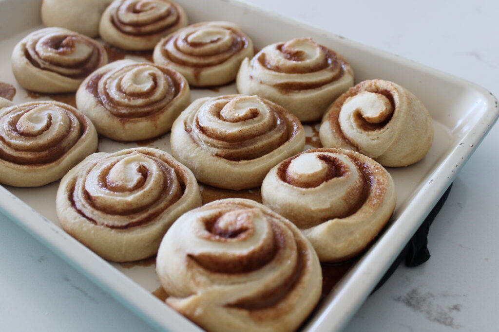 homemade sourdough cinnamon rolls on a sheet pan before baking on top of a granite countertop