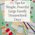 15 tips for simple, peaceful large family homeschool days banner on top of a light green flat lay photo with color flashcards, weekly planner pages, magnet letters, and colored pencils spread around