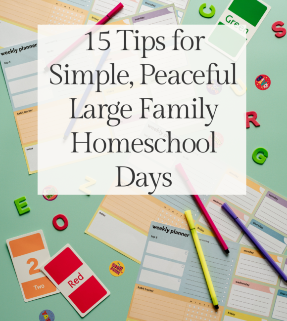 15 tips for simple, peaceful large family homeschool days banner on top of a light green flat lay photo with color flashcards, weekly planner pages, magnet letters, and colored pencils spread around