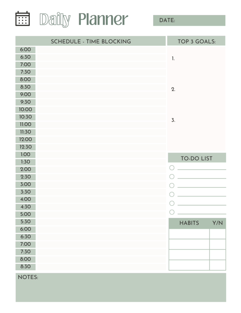 free daily planner printable page
