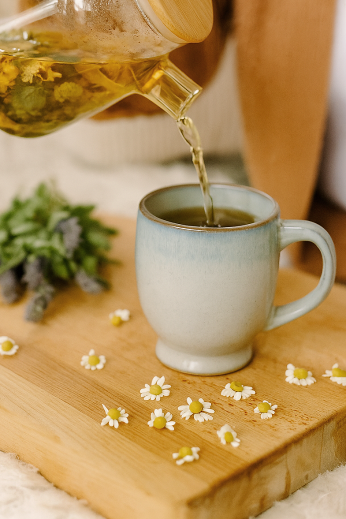 herbal tea in a glass teapot being poured into the blue coffee mug on top of a wooden cutting board that has white flowers and lavender